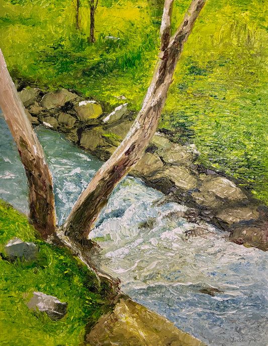 Spring Rapids on Darebin Creek - Oils on canvas on hardboard - 35 x 45 x 0.5cm.