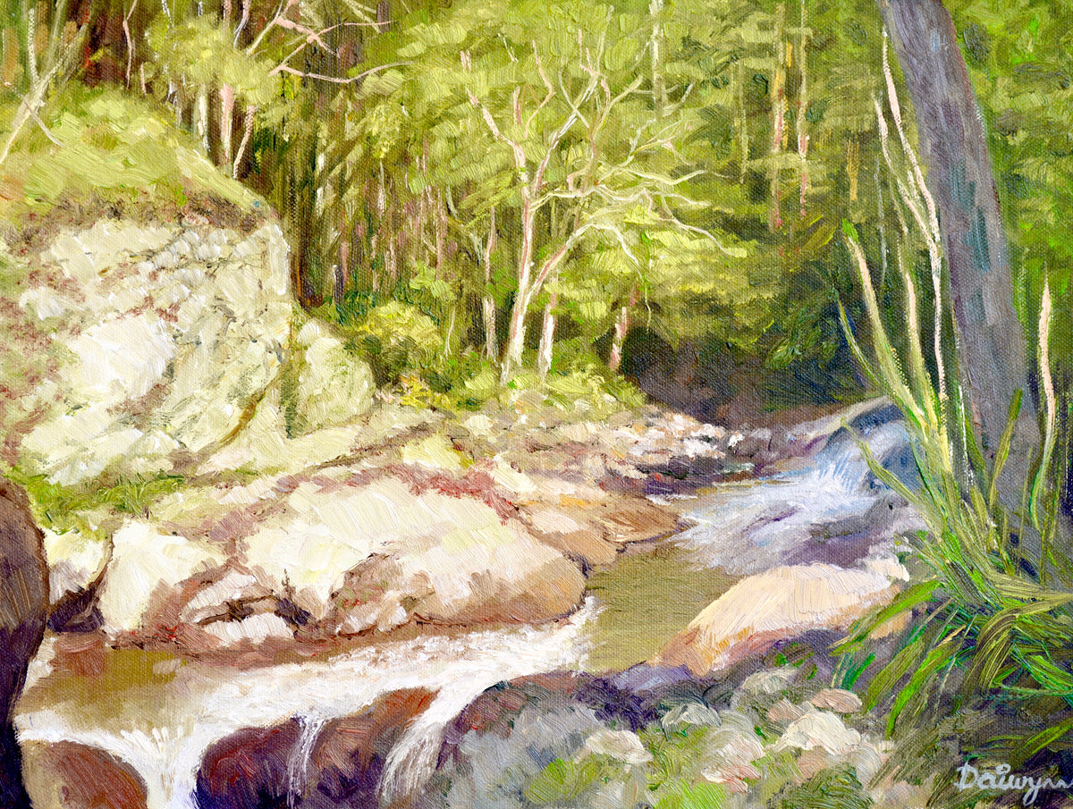 Wairere Forest Stream Waterfall - Oils on canvas panel, unframed - 30.5 x 40.6 x 0.5cm
