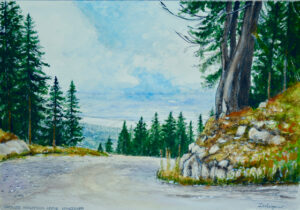 Ink and watercolour painting of Grouse Mountain above Vancouver
