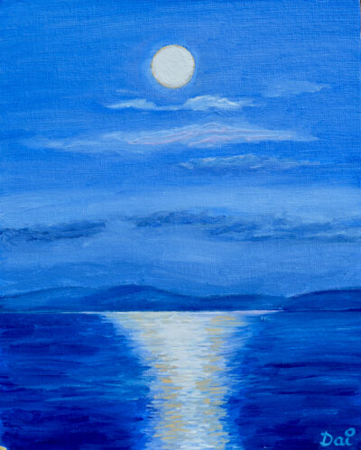 Oil painting by Dai Wynn of Moonrise Over Frederick Henry Bay