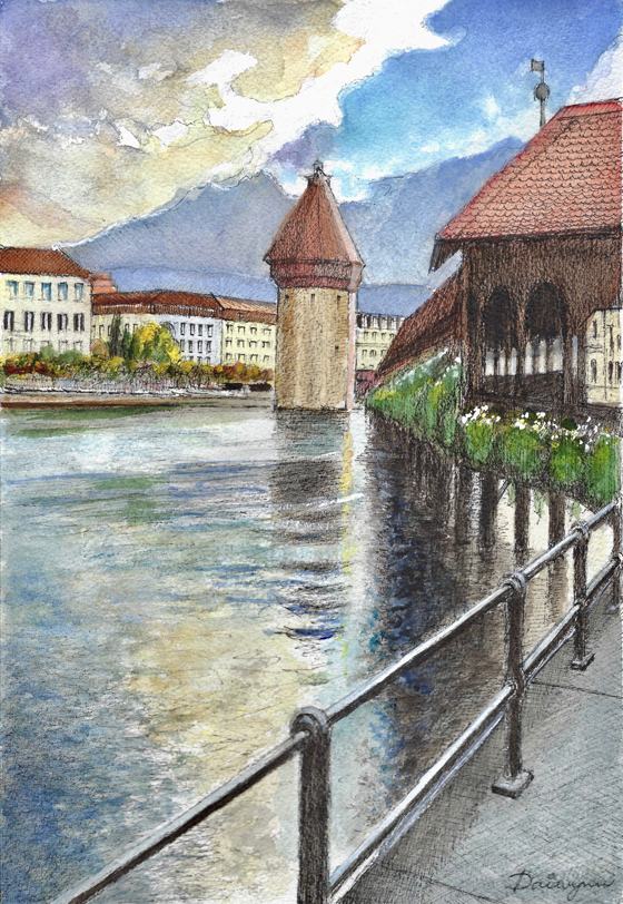 Kapellbrucke Luzern Aquarelle