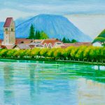 Swiss Riverside Village at Sunset