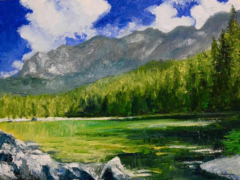 Eibsee is a clear water lake on the German - Austrian border, beneath the towering Zugspitze mountain.