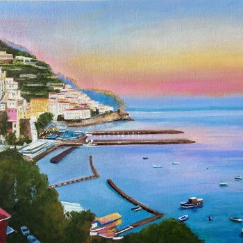 $850<br>35.5 cm X 45 cm X 0.5 cm<br>Oil on canvas on board Amalfi Mediterranean Sunset Italy